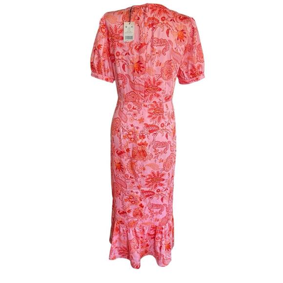 Cinq a Sept Kay Ruffle Midi Dress English Rose Pink Orange Floral Sz 6 Fairycore - Picture 4 of 13